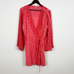 Eloise Women's Coral Pink Bohemian Embroidered Wrap Dress Size M/L
